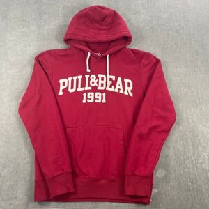 Pull&Bear Mens‎ Small Red Hoodie Graphic Logo Pullover 1991